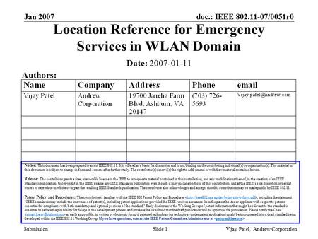 Doc.: IEEE 802.11-07/0051r0 Submission Jan 2007 Vijay Patel, Andrew CorporationSlide 1 Location Reference for Emergency Services in WLAN Domain Notice: