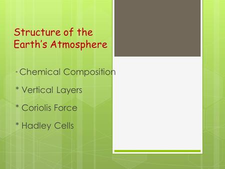 Structure of the Earth’s Atmosphere * Chemical Composition * Vertical Layers * Coriolis Force * Hadley Cells.