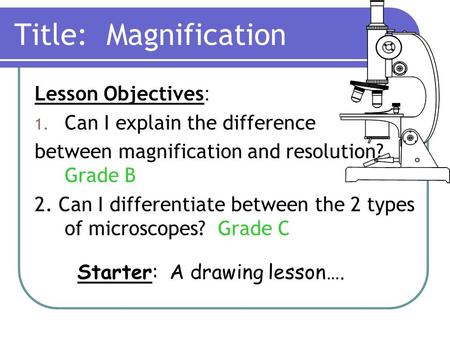 Title: Magnification Lesson Objectives : 1. Can I explain the difference between magnification and resolution? Grade B 2. Can I differentiate between the.