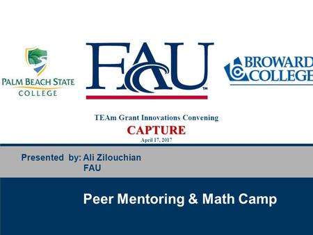 Peer Mentoring & Math Camp Presented by: Ali Zilouchian FAU TEAm Grant Innovations ConveningCAPTURE April 17, 2017.