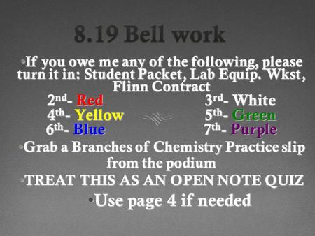 If you owe me any of the following, please turn it in: Student Packet, Lab Equip. Wkst, Flinn Contract If you owe me any of the following, please turn.