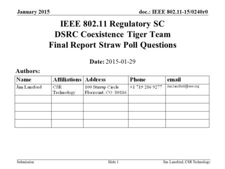 Doc.: IEEE 802.11-15/0240r0 Submission January 2015 Jim Lansford, CSR TechnologySlide 1 IEEE 802.11 Regulatory SC DSRC Coexistence Tiger Team Final Report.