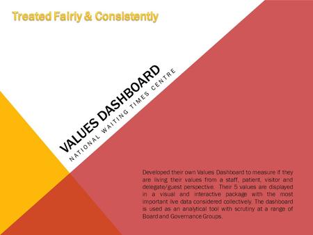 VALUES DASHBOARD NATIONAL WAITING TIMES CENTRE Developed their own Values Dashboard to measure if they are living their values from a staff, patient, visitor.