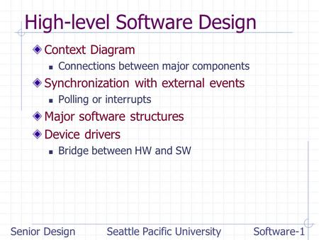 Senior DesignSoftware-1Seattle Pacific University High-level Software Design Context Diagram Connections between major components Synchronization with.