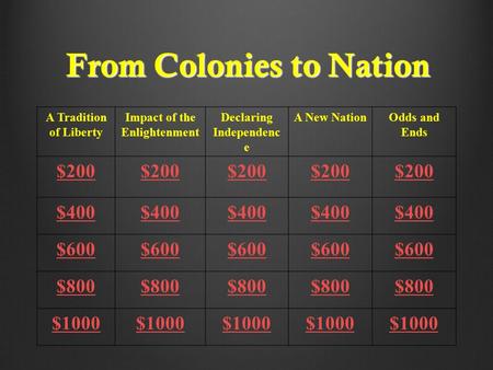 From Colonies to Nation A Tradition of Liberty Impact of the Enlightenment Declaring Independenc e A New NationOdds and Ends $200 $400 $600 $800 $1000.