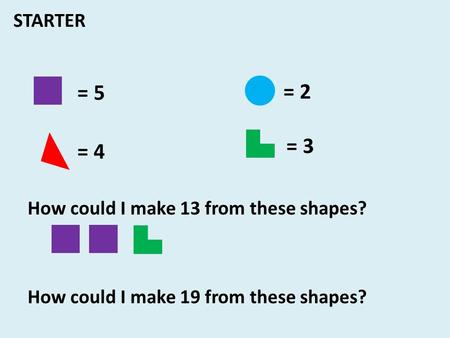 = 5 = 2 = 4 = 3 How could I make 13 from these shapes? How could I make 19 from these shapes? STARTER.