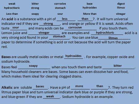 weak bitter corrosive base digest hydrochloric strong stomach