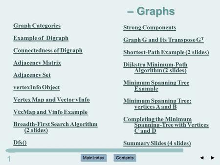 – Graphs 1 Graph Categories Strong Components Example of Digraph