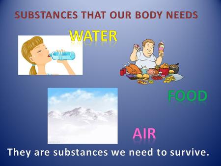 WATER o About two-thirds of your body is made up of water. o Water helps keep your body’s temperature stable. o It carries nutrients and oxygen to cells.