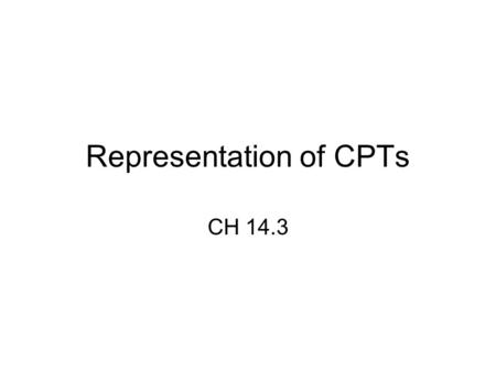 Representation of CPTs CH 14.3. discrete Canonical distribution: standard Deterministic nodes: values computable exactly from parent nodes Noisy-OR relations: