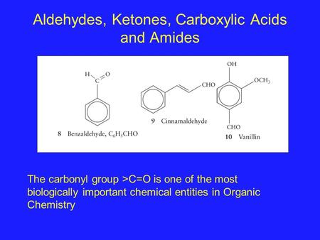 Aldehydes, Ketones, Carboxylic Acids and Amides The carbonyl group >C=O is one of the most biologically important chemical entities in Organic Chemistry.