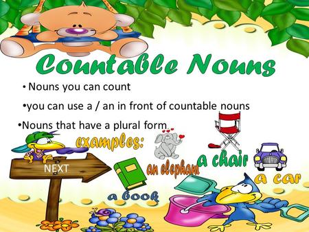 Nouns you can count NEXT you can use a / an in front of countable nouns Nouns that have a plural form.