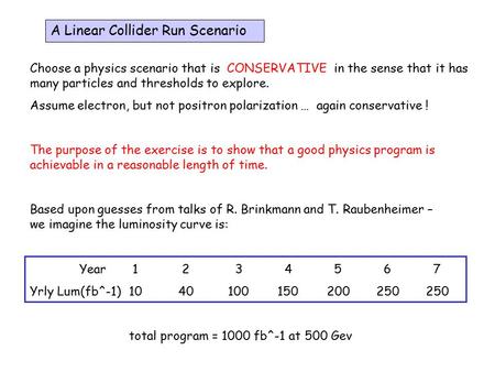 A Linear Collider Run Scenario Choose a physics scenario that is CONSERVATIVE in the sense that it has many particles and thresholds to explore. Assume.