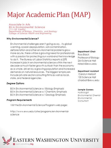 Major Academic Plan (MAP) Why Environmental Science? Environmental challenges aren't going away. As global warming, ocean depopulation, soil contamination,