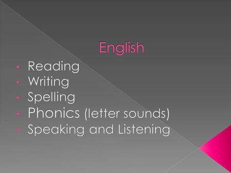  Phonics (know the sound the letters make) › C-a-t = cat  High frequency words (commonly used words in English)  Tricky words (words you cannot ‘sound.