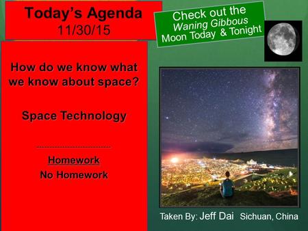 Today’s Agenda 11/30/15 How do we know what we know about space? Space Technology -----------------------------Homework No Homework How do we know what.