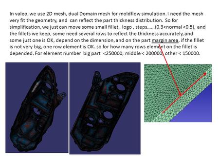 In valeo, we use 2D mesh, dual Domain mesh for moldflow simulation. I need the mesh very fit the geometry, and can reflect the part thickness distribution.