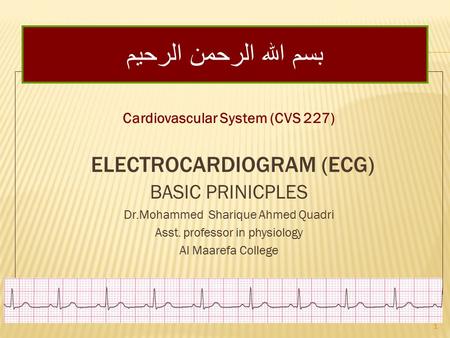 ELECTROCARDIOGRAM (ECG) Cardiovascular System (CVS 227) BASIC PRINICPLES Dr.Mohammed Sharique Ahmed Quadri Asst. professor in physiology Al Maarefa College.