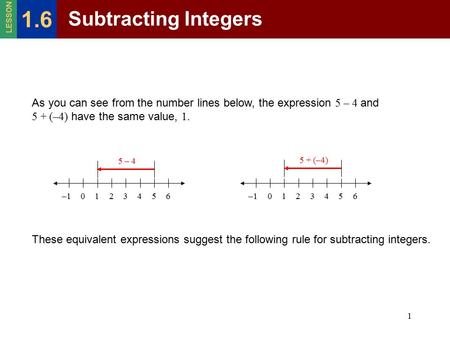 1 As you can see from the number lines below, the expression 5 – 4 and 5 + (–4) have the same value, 1. These equivalent expressions suggest the following.