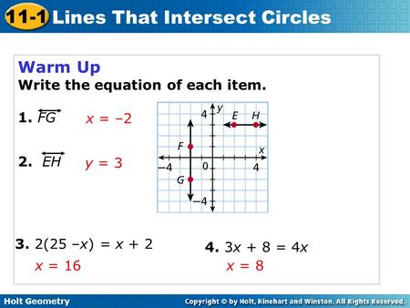 Warm Up Write the equation of each item. 1. FG x = –2 2. EH y = 3