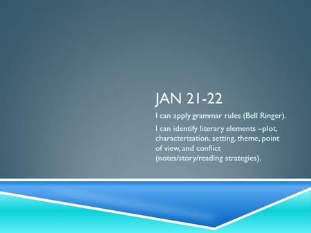 JAN 21-22 I can apply grammar rules (Bell Ringer). I can identify literary elements –plot, characterization, setting, theme, point of view, and conflict.