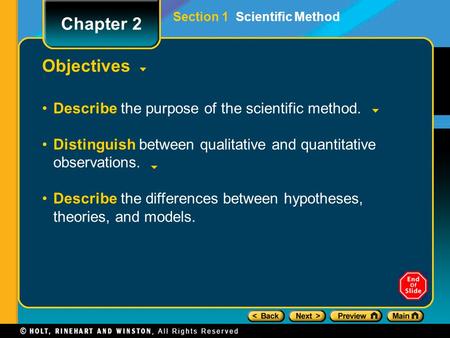 Objectives Describe the purpose of the scientific method. Distinguish between qualitative and quantitative observations. Describe the differences between.