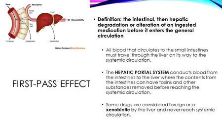 Definition: the intestinal, then hepatic degradation or alteration of an ingested medication before it enters the general circulation All blood that.