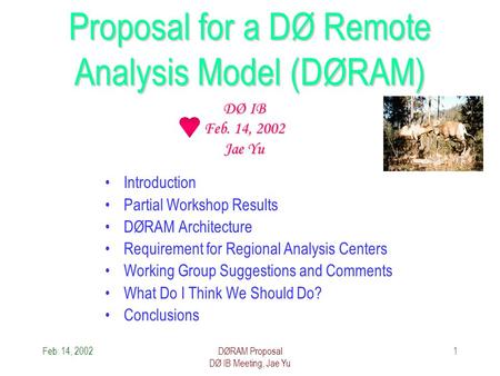 Feb. 14, 2002DØRAM Proposal DØ IB Meeting, Jae Yu 1 Proposal for a DØ Remote Analysis Model (DØRAM) Introduction Partial Workshop Results DØRAM Architecture.