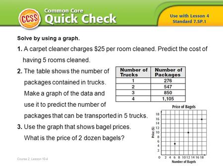 Solve by using a graph. 1. A carpet cleaner charges $25 per room cleaned. Predict the cost of having 5 rooms cleaned. 2. The table shows the number of.