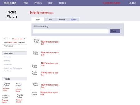 Facebook Scientist name status WallPhotosFlairBoxesScientist’s NameLogout View photos of Scientist’s Name (5) Send Scientist’s Name a message Poke message.