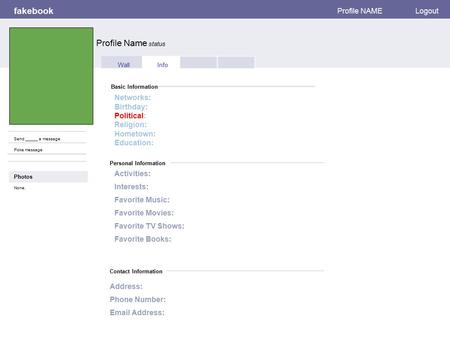 Personal Information fakebook Profile Name status Profile NAMELogout Send _____ a message Poke message Wall Info Basic Information Photos Activities: Interests: