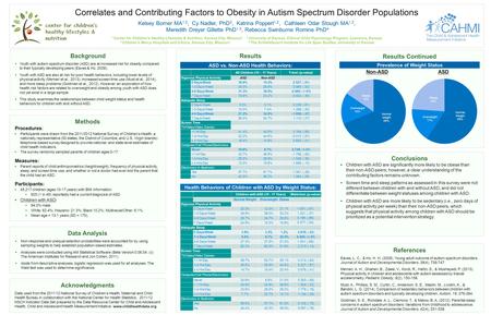 Results Correlates and Contributing Factors to Obesity in Autism Spectrum Disorder Populations Kelsey Borner MA 1,2, Cy Nadler, PhD 3, Katrina Poppert.