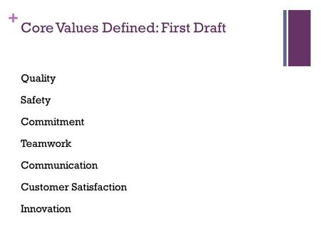 + Core Values Defined: First Draft Quality Safety Commitment Teamwork Communication Customer Satisfaction Innovation.