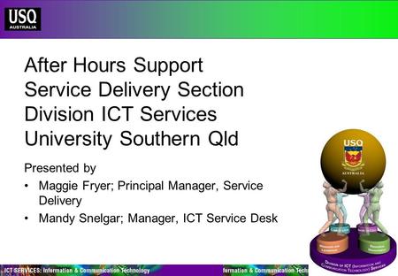 After Hours Support Service Delivery Section Division ICT Services University Southern Qld Presented by Maggie Fryer; Principal Manager, Service Delivery.