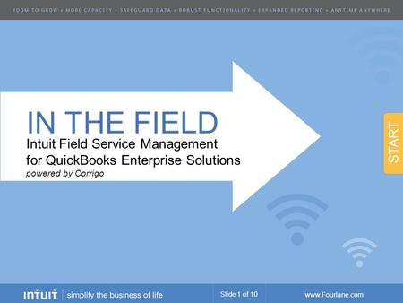 Www.Fourlane.com IN THE FIELD Intuit Field Service Management for QuickBooks Enterprise Solutions powered by Corrigo START Slide 1 of 10.