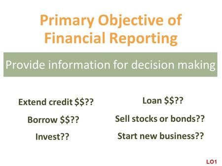 Primary Objective of Financial Reporting Invest?? Borrow $$?? Sell stocks or bonds?? Start new business?? Loan $$?? Extend credit $$?? LO1 Provide information.