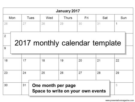 2017 monthly calendar template