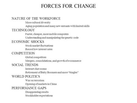 FORCES FOR CHANGE NATURE OF THE WORKFORCE TECHNOLOGY ECONOMIC SHOCKS