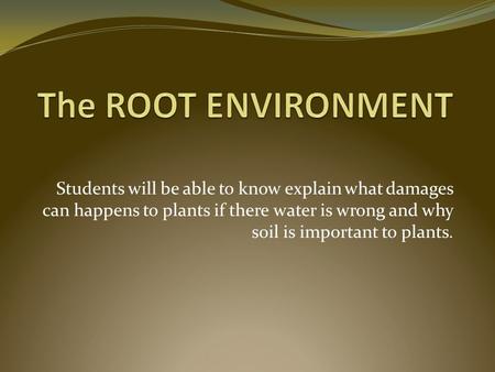 Students will be able to know explain what damages can happens to plants if there water is wrong and why soil is important to plants.