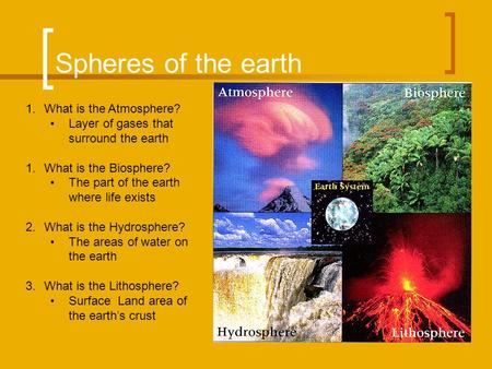 Spheres of the earth 1.What is the Atmosphere? Layer of gases that surround the earth 1.What is the Biosphere? The part of the earth where life exists.