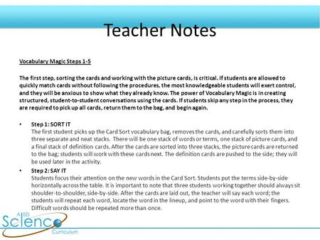 Teacher Notes Vocabulary Magic Steps 1-5