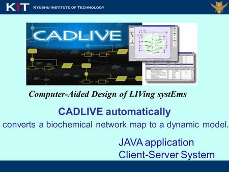 Computer-Aided Design of LIVing systEms CADLIVE automatically converts a biochemical network map to a dynamic model. JAVA application Client-Server System.