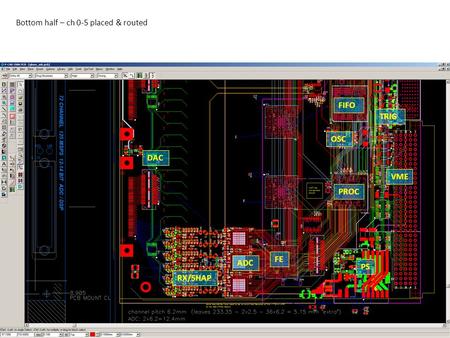 Bottom half – ch 0-5 placed & routed FE PS PROC FIFO TRIG OSC RX/SHAP ADC DAC VME.