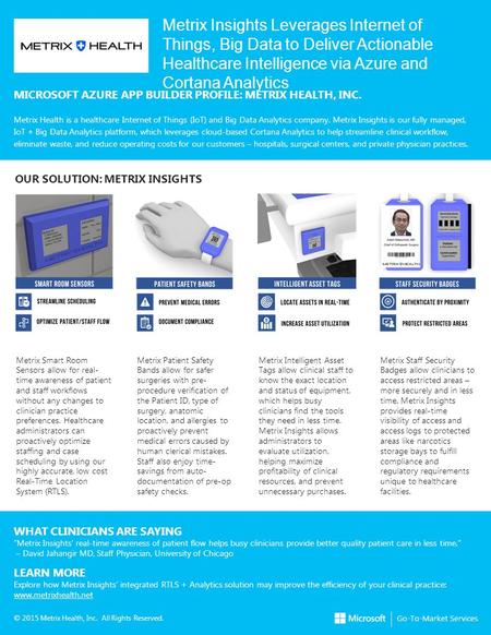 Replace with Application Image Metrix Insights Leverages Internet of Things, Big Data to Deliver Actionable Healthcare Intelligence via Azure and Cortana.