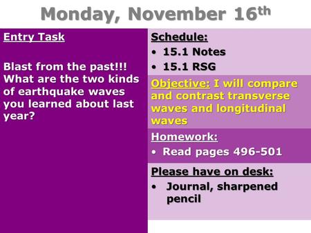 Monday, November 16 th Entry Task Blast from the past!!! What are the two kinds of earthquake waves you learned about last year? Please have on desk: Journal,