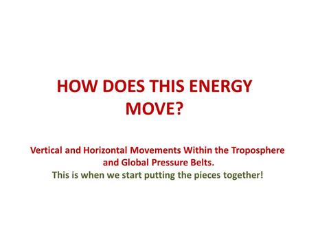 HOW DOES THIS ENERGY MOVE? Vertical and Horizontal Movements Within the Troposphere and Global Pressure Belts. This is when we start putting the pieces.