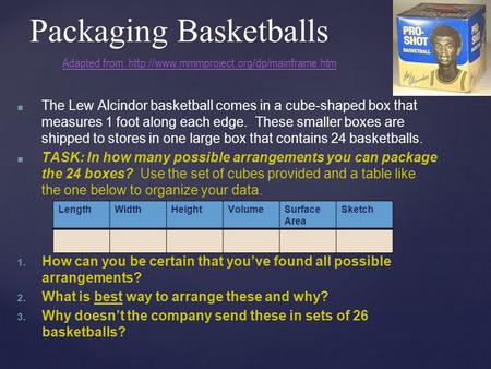 Packaging Basketballs ■ The Lew Alcindor basketball comes in a cube-shaped box that measures 1 foot along each edge. These smaller boxes are shipped to.