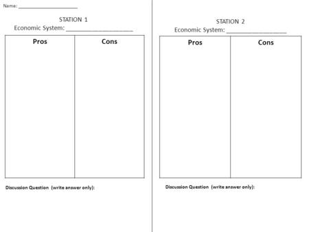 ProsCons STATION 1 Economic System: ____________________ STATION 2 Economic System: __________________ ProsCons Discussion Question (write answer only):