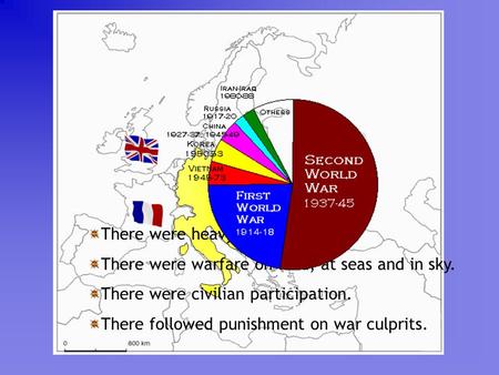 There were heavy causalities. There were warfare on land, at seas and in sky. There were civilian participation. There followed punishment on war culprits.