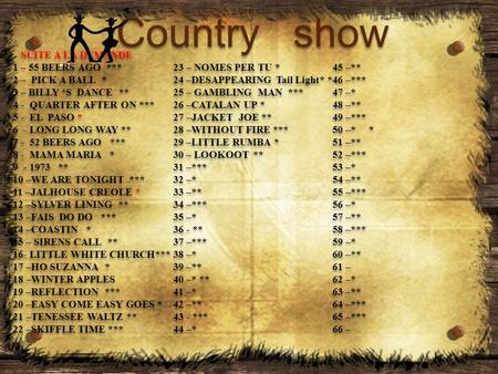 Country show Country show SUITE A LA DEMANDE 1 – 55 BEERS AGO *** 2 – PICK A BALL * 3 – BILLY ‘S DANCE ** 4 - QUARTER AFTER ON *** 5 - EL PASO * 6 - LONG.